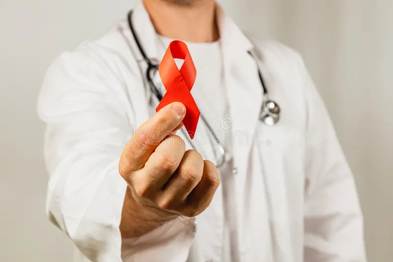 healthcare professional holding red ribbon symbolizing hiv awareness stands clinical setting presenting as symbol 376503048